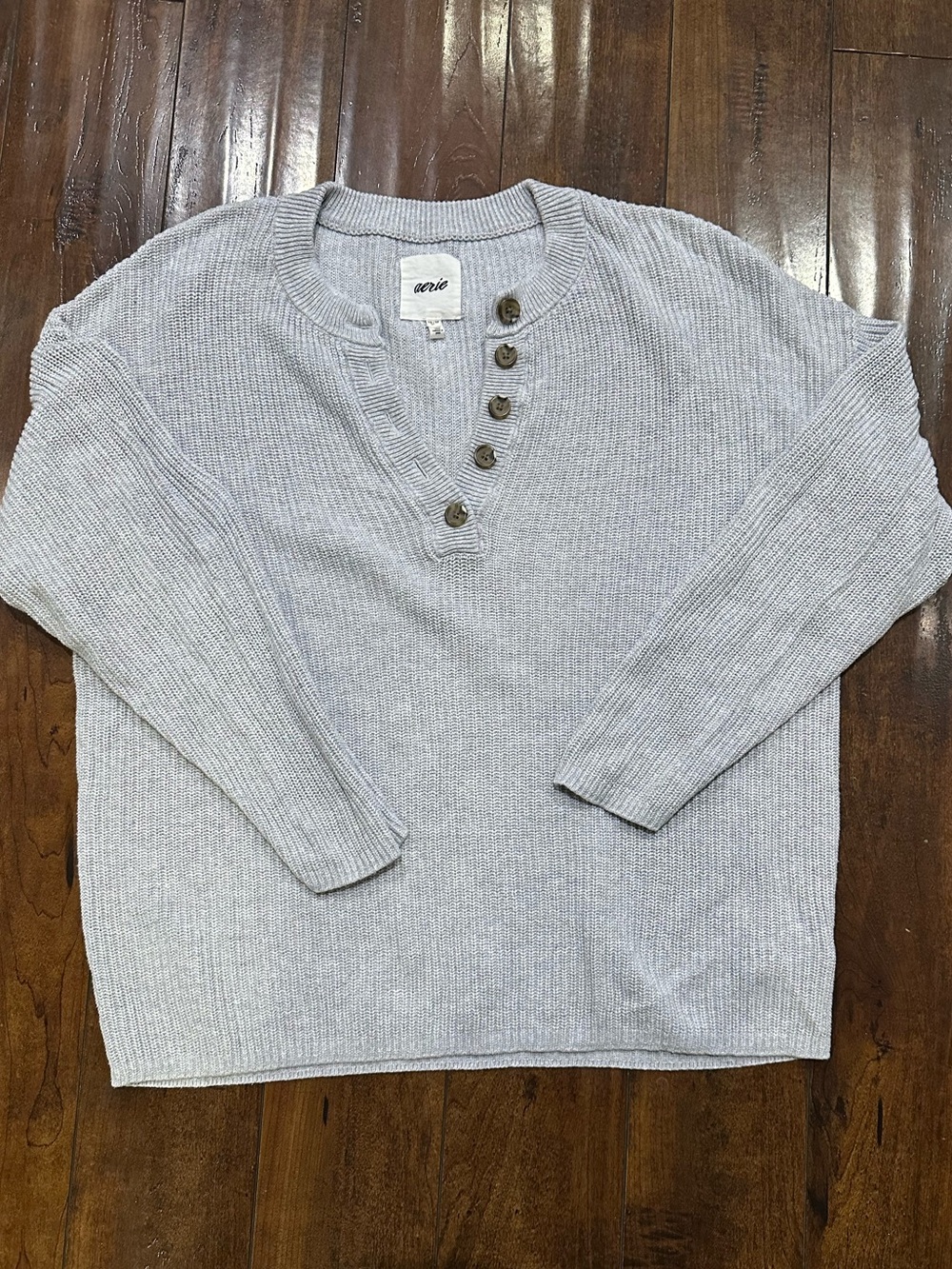 aerie Light Gray V-Neck Ribbed Sweater with Button Placket